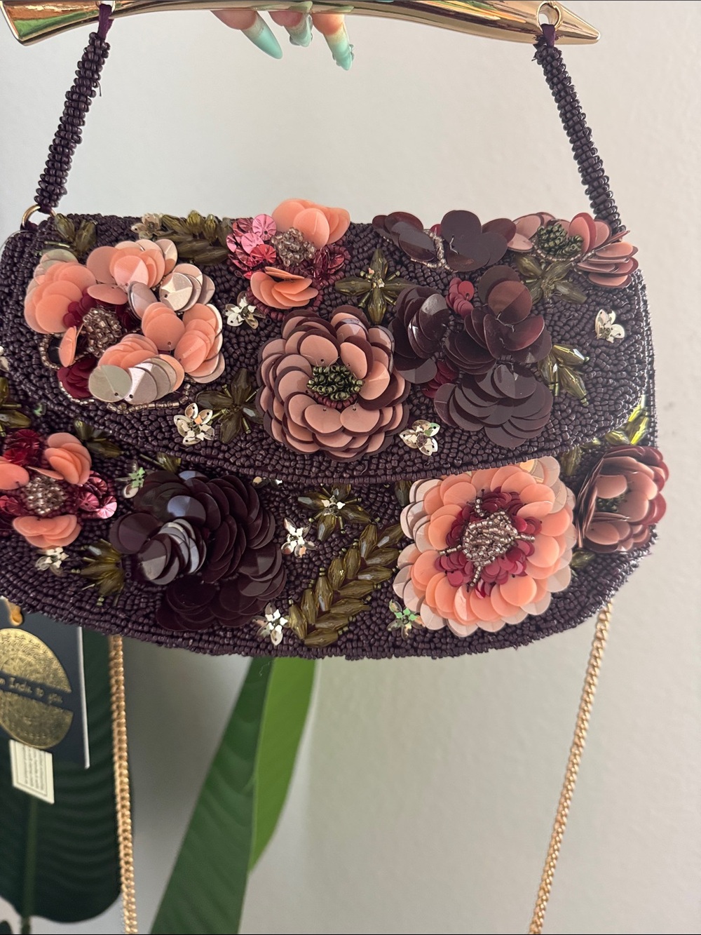 Viral Made in India Embellished Floral Beaded Bag with gold top handle - Picture 4 of 4